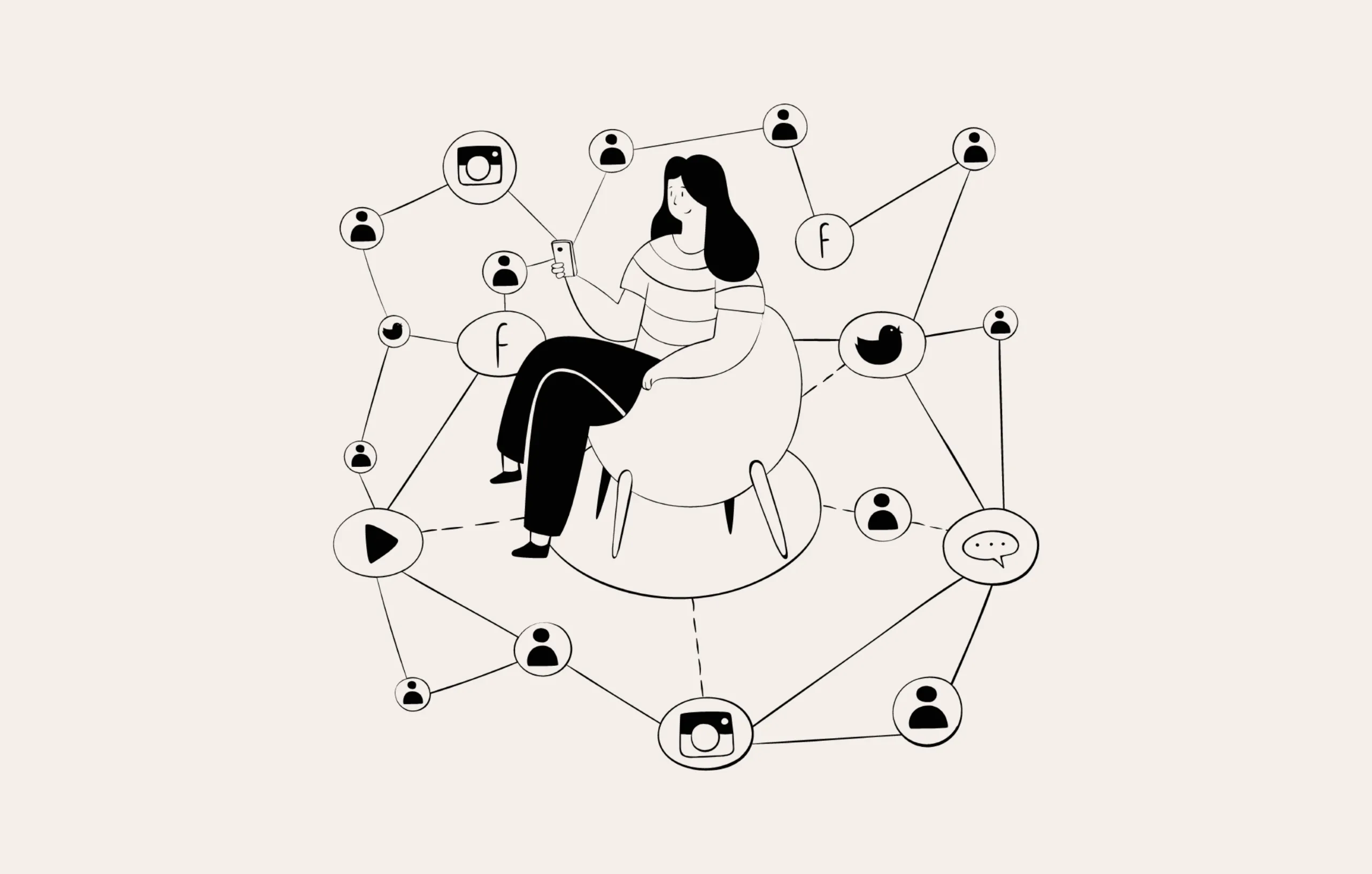 Digital native surrounded by social media icons like Facebook and Instagram