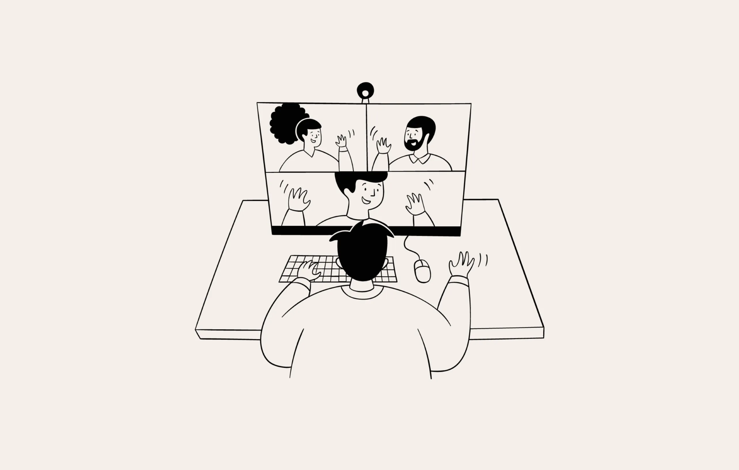 A man chats happily to his colleagues via video conferencing