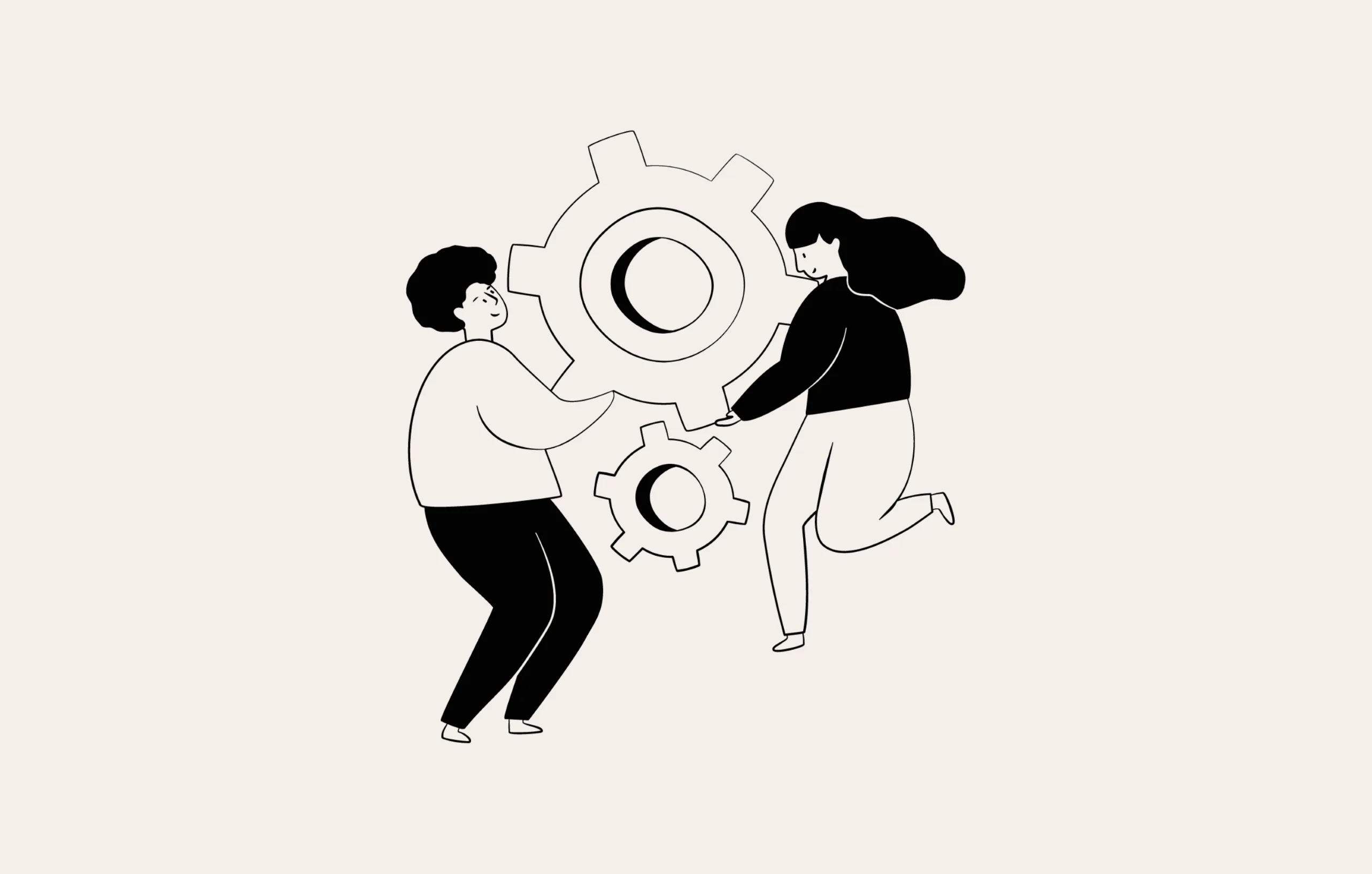 Two persons are working together to get two gears moving