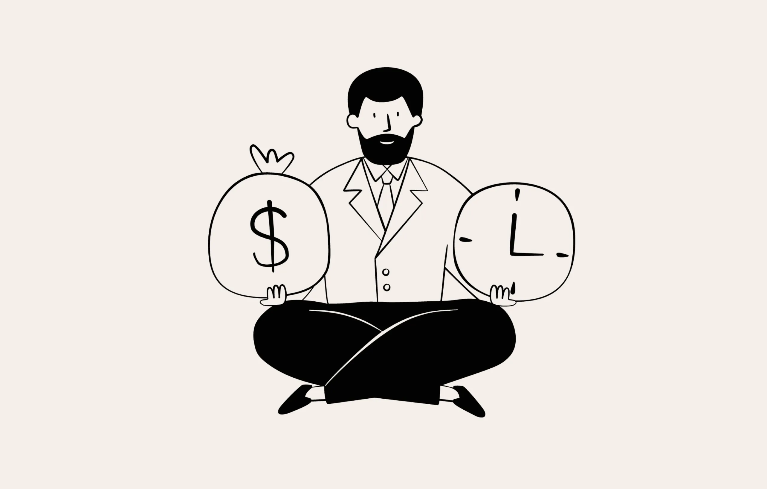 A man sits cross-legged balancing time and money